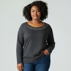 Cato Women's Size 26/28 Pull Over Quilted Sweater Gray with Bling Rhinestones